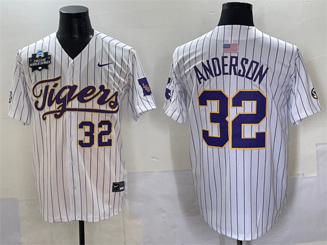 Personalized Men’s LSU Tigers #32 Kade Anderson White Pinstripe 2025 World Series & SEC Patch Stitched Baseball Jersey
