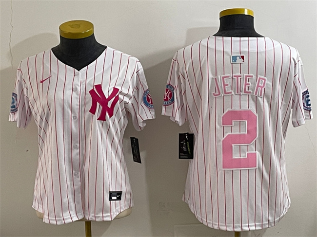 Personalized Women’s New York Yankees #2 Derek Jeter White Pink Pinstripe Limited Stitched Baseball Jersey(Run Small)