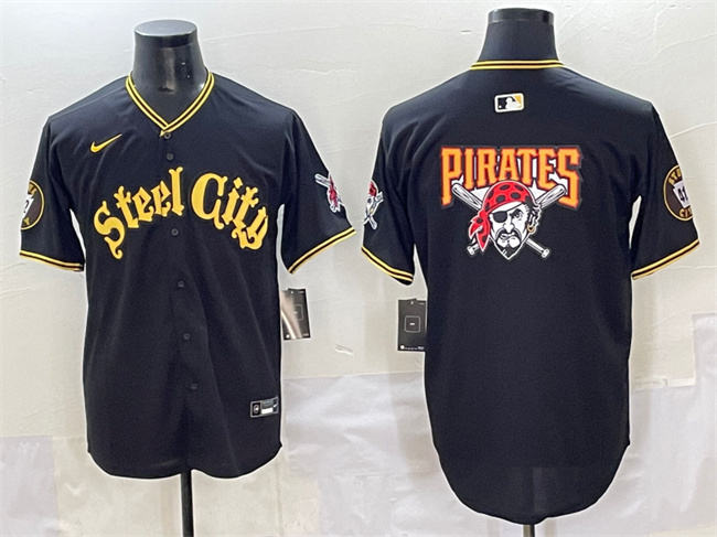 Personalized Men’s Pittsburgh Pirates Team Big Logo Black 412 Patch Premier Limited Stitched Baseball Jersey