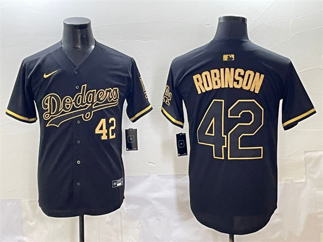 Personalized Men’s Los Angeles Dodgers #42 Jackie Robinson Black Gold Limited Stitched Jersey