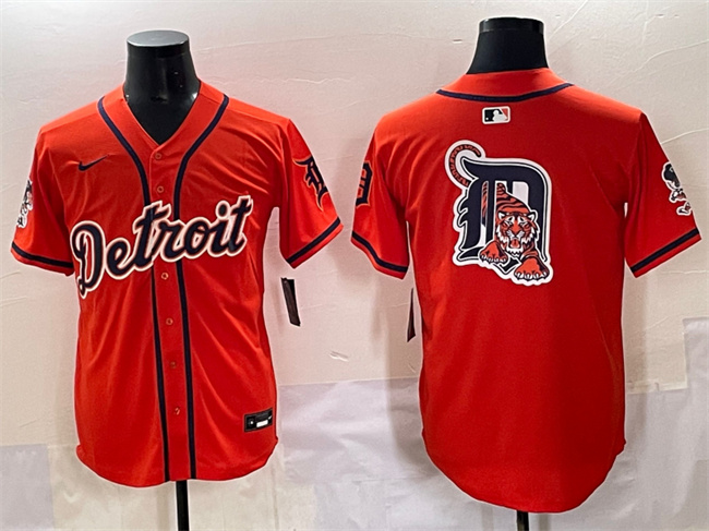 Personalized Men’s Detroit Tigers Team Big Logo Orange With Patch Premier Limited Stitched Baseball Jersey
