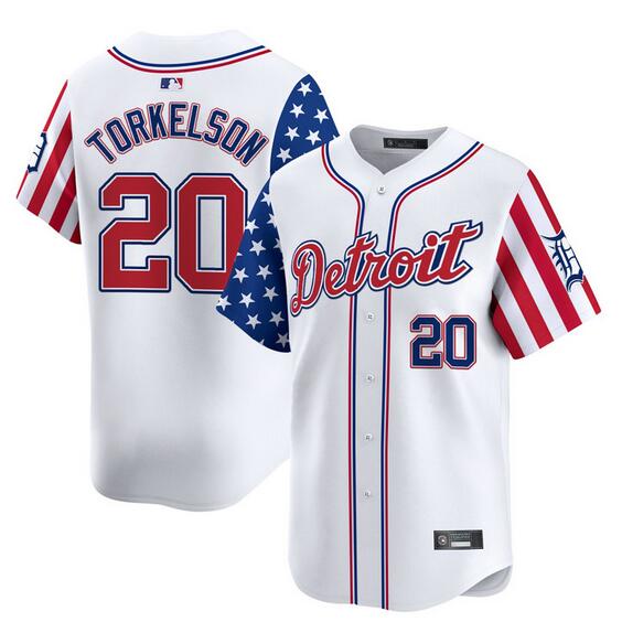 Personalized Men’s Detroit Tigers #20 Spencer Torkelson White 2025 Independence Day Premier Limited Stitched Baseball Jersey