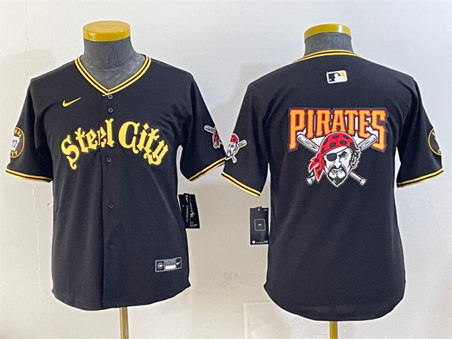 Personalized Youth Pittsburgh Pirates Team Big Logo Black 412 Patch Premier Limited Stitched Baseball Jersey