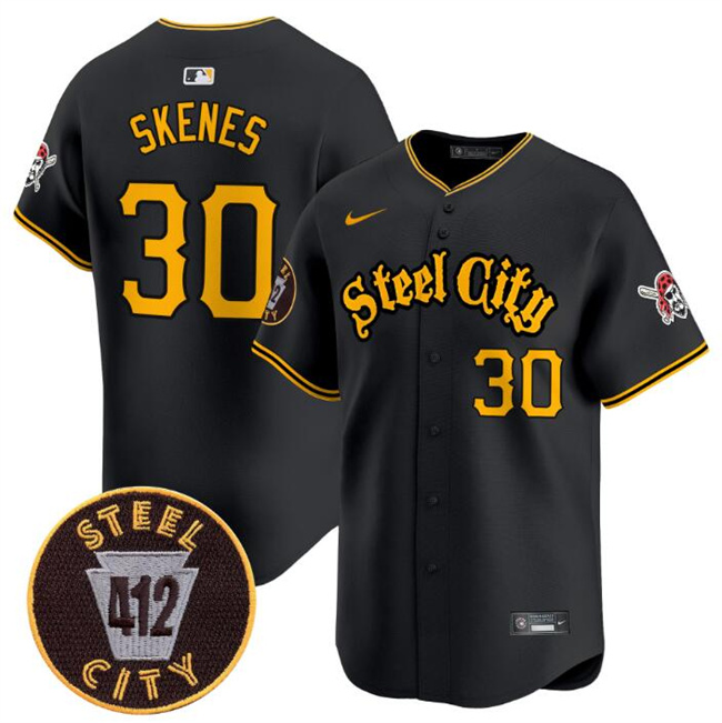 Personalized Youth Pittsburgh Pirates #30 Paul Skenes Black 412 Patch Premier Limited Stitched Baseball Jersey
