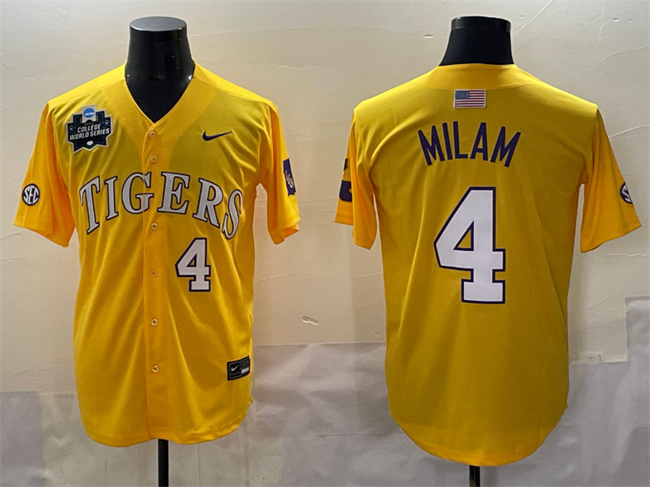 Personalized Men’s LSU Tigers #4 Steven Milam Gold 2025 World Series & SEC Patch Stitched Baseball Jersey
