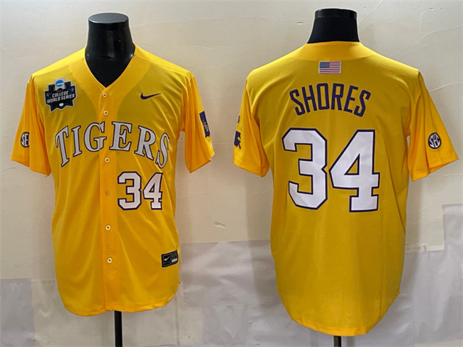 Personalized Men’s LSU Tigers #34 Chase Shores Gold 2025 World Series & SEC Patch Stitched Baseball Jersey