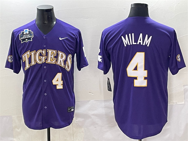 Personalized Men’s LSU Tigers #4 Steven Milam Purple 2025 World Series & SEC Patch Stitched Baseball Jersey