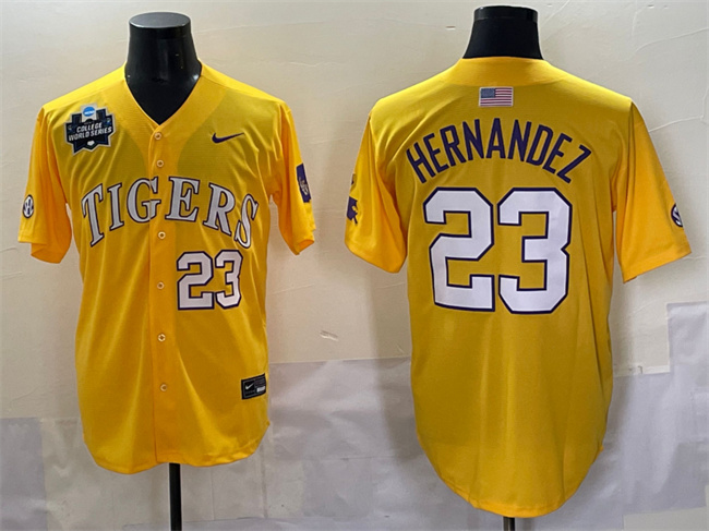 Personalized Men’s LSU Tigers #23 Luis Hernandez Gold 2025 World Series & SEC Patch Stitched Baseball Jersey