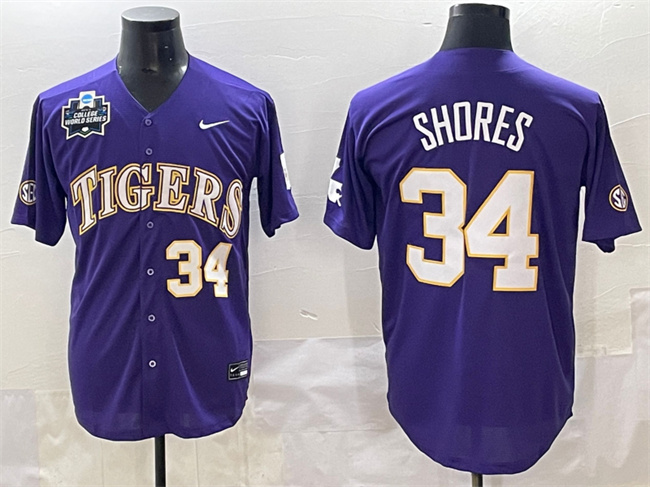 Personalized Men’s LSU Tigers #34 Chase Shores Purple 2025 World Series & SEC Patch Stitched Baseball Jersey