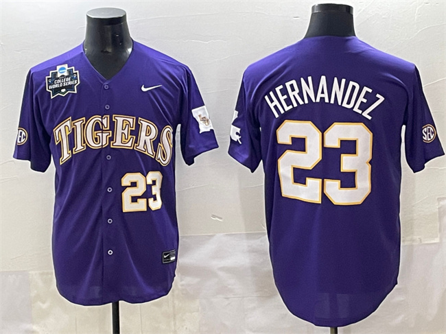 Personalized Men’s LSU Tigers #23 Luis Hernandez Purple 2025 World Series & SEC Patch Stitched Baseball Jersey