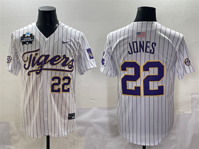 Personalized Men’s LSU Tigers #22 Jared Jones White Pinstripe 2025 World Series & SEC Patch Stitched Baseball Jersey