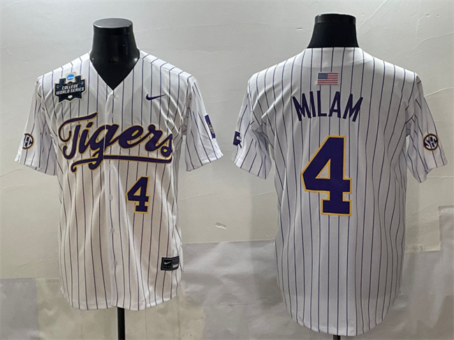 Personalized Men’s LSU Tigers #4 Steven Milam White Pinstripe 2025 World Series & SEC Patch Stitched Baseball Jersey