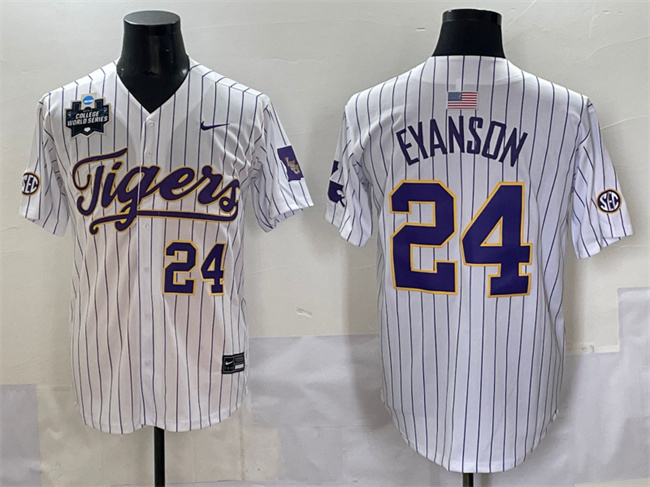 Personalized Men’s LSU Tigers #24 Anthony Eyanson White Pinstripe 2025 World Series & SEC Patch Stitched Baseball Jersey
