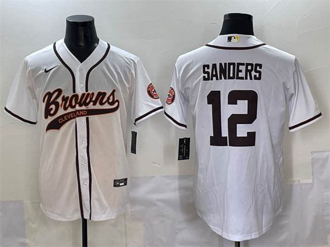 Personalized Men’s Cleveland Browns #12 Shedeur Sanders White With Patch Cool Base Stitched Baseball Jersey