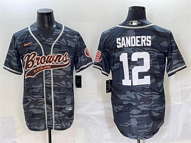 Personalized Men’s Cleveland Browns #12 Shedeur Sanders Grey Camo With Patch Cool Base Stitched Baseball Jersey