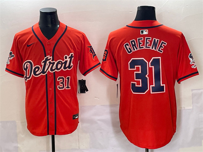 Personalized Men’s Detroit Tigers #31 Riley Greene Orange With Patch Premier Limited Stitched Baseball Jersey
