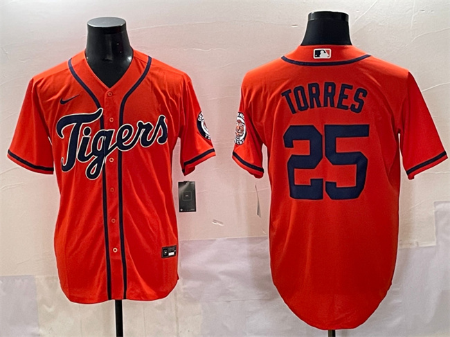 Personalized Men’s Detroit Tigers #25 Gleyber Torres Orange With Patch Premier Limited Stitched Baseball Jersey