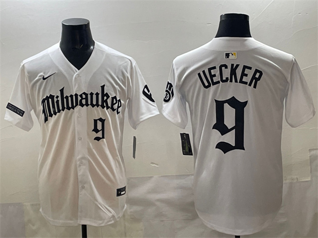 Personalized Men’s Milwaukee Brewers #9 Bob Uecker White ‘Gothic 414 Shadows Edition’ Premier Limited Stitched Jersey