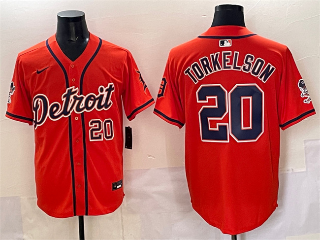 Personalized Men’s Detroit Tigers #20 Spencer Torkelson Orange With Patch Premier Limited Stitched Baseball Jersey