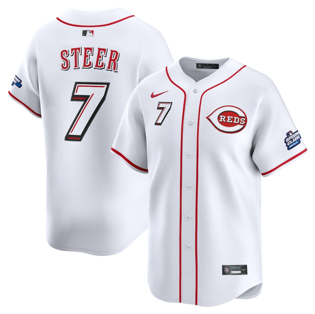Personalized Men’s Cincinnati Reds #7 Spencer Steer White 2025 Speedway Classic Home Limited Stitched Baseball Jersey