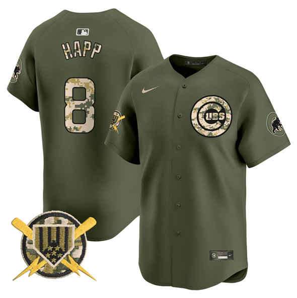 Personalized Men’s Chicago Cubs #8 lan Happ Green Armed Forces Day Limited Stitched Baseball Jersey
