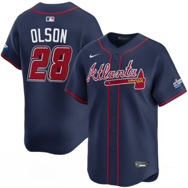 Personalized Men’s Atlanta Braves #28 Matt Olson Navy 2025 Speedway Classic Alternate Limited Stitched Baseball Jersey