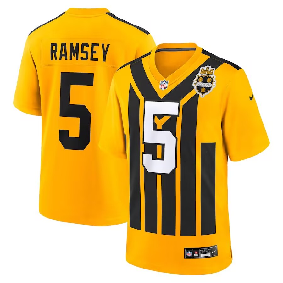 Personalized Men’s Pittsburgh Steelers #5 Jalen Ramsey Gold 1933 F.U.S.E. Throwback Alternate Football Stitched Football Jersey