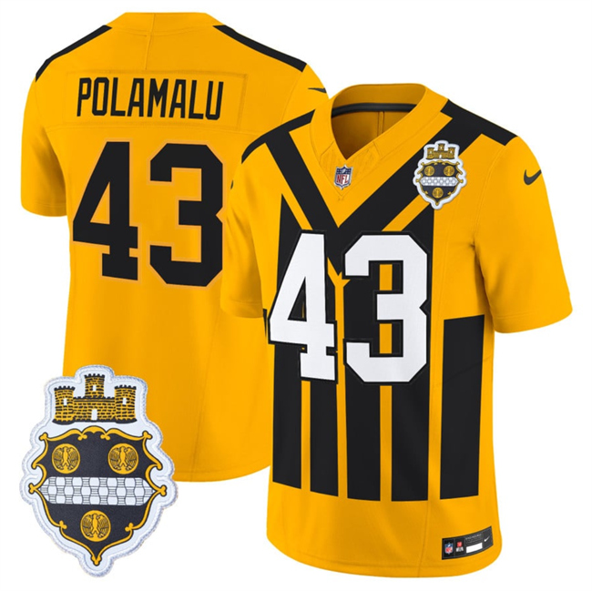 Personalized Men’s Pittsburgh Steelers #43 Troy Polamalu Gold 1933 F.U.S.E. Throwback Alternate Football Stitched Football Jersey