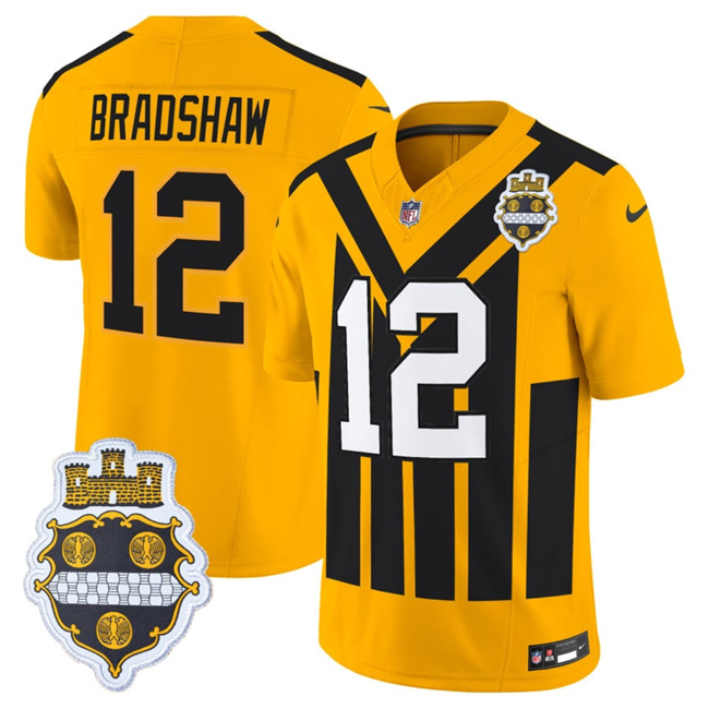 Personalized Men’s Pittsburgh Steelers #12 Terry Bradshaw Gold 1933 F.U.S.E. Throwback Alternate Football Stitched Football Jersey 2