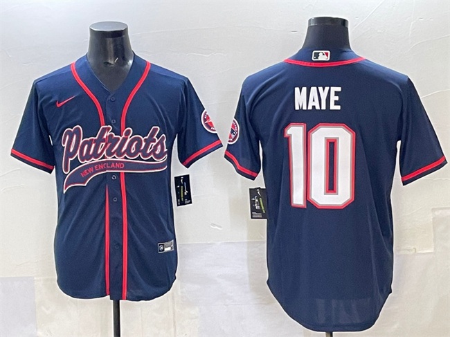 Personalized Men’s New England Patriots #10 Drake Maye Navy With Path Cool Base Stitched Baseball Jersey