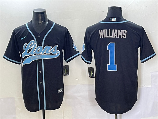 Personalized Men’s Detroit Lions #1 Jameson Williams Black Stitched Baseball Jersey