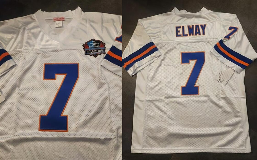 Personalized Men’s Denver Broncos #7 John Elway White Hall of Fame Patch Stitched Football Jersey