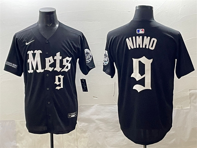 Personalized Men’s New York Mets #9 Brandon Nimmo Black ‘Gotham Gothic Edition’ Premier Limited Stitched Baseball Jersey