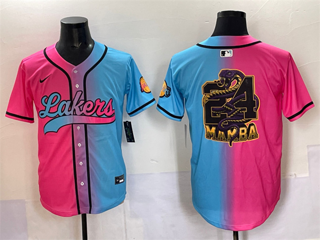 Personalized Men’s Los Angeles Lakers Team Big Logo Pink Blue Limited Stitched Baseball Jersey