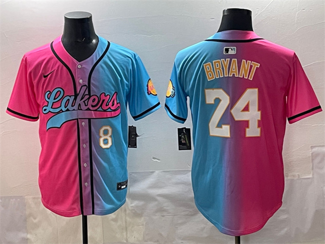Personalized Men’s Los Angeles Lakers Front #8 Back #24 Kobe Bryant Pink Blue Limited Stitched Baseball Jersey