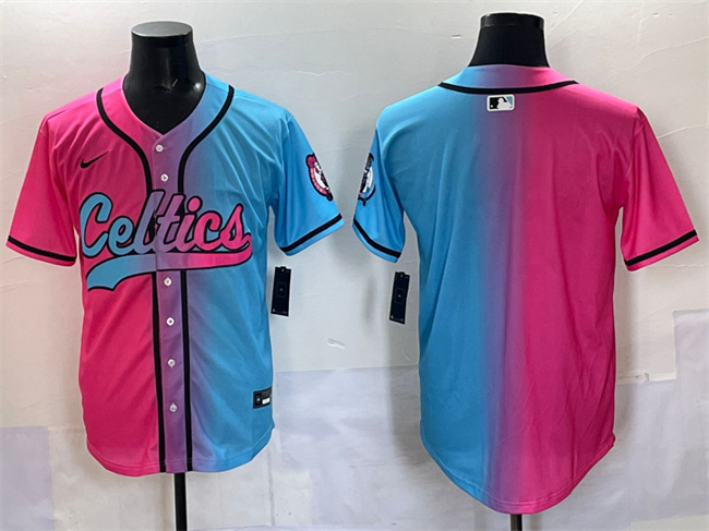 Personalized Men’s Boston Celtics Blank Pink Blue Limited Stitched Baseball Jersey