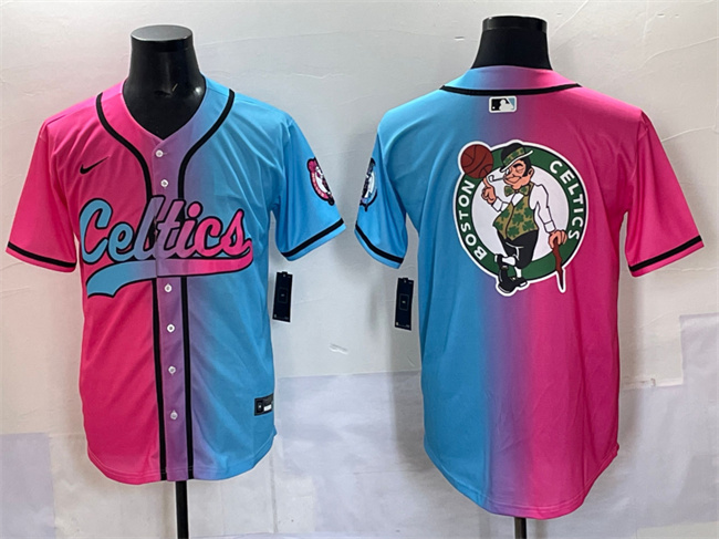 Personalized Men’s Boston Celtics Team Big Logo Pink Blue Limited Stitched Baseball Jersey