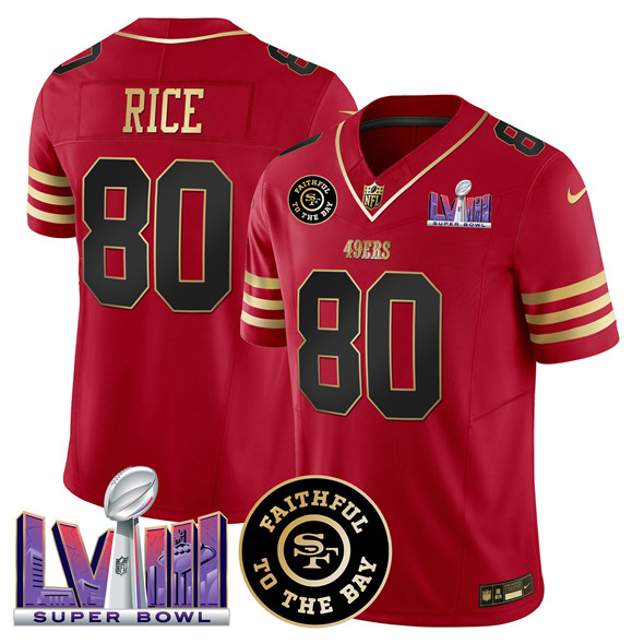 Personalized Men’s San Francisco 49ers #80 Jerry Rice Red 2025 F.U.S.E. Faithful & Super Bowl LVIII Patch Limited Stitched Football Jersey
