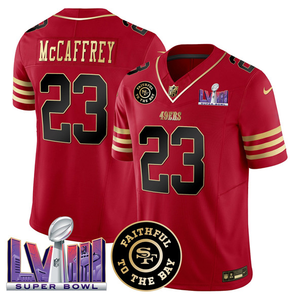 Personalized Men’s San Francisco 49ers #23 Christian Mccaffrey Red 2025 F.U.S.E. Faithful & Super Bowl LVIII Patch Limited Stitched Football Jersey