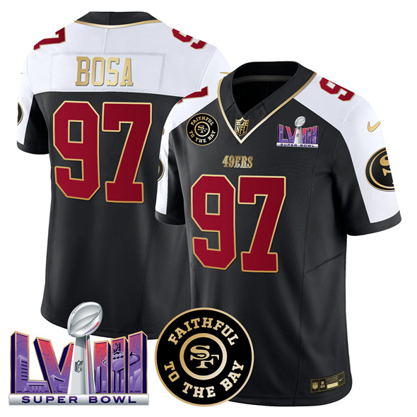 Personalized Men’s San Francisco 49ers #97 Nick Bosa Black Alternate 2025 F.U.S.E. Faithful & Super Bowl LVIII Patch Limited Stitched Football Jersey