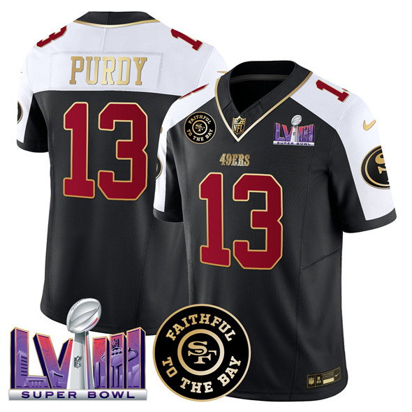 Personalized Men’s San Francisco 49ers #13 Brock Purdy Black Alternate 2025 F.U.S.E. Faithful & Super Bowl LVIII Patch Limited Stitched Football Jersey
