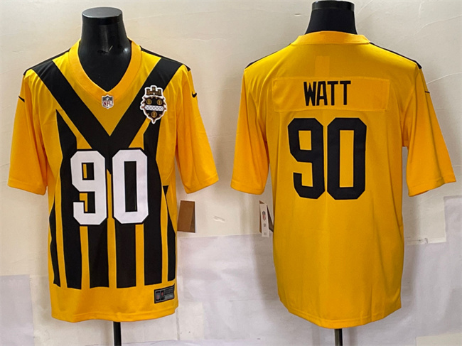 Personalized Men’s Pittsburgh Steelers #90 T.J. Watt Gold 1933 Throwback Alternate Stitched Football Jersey