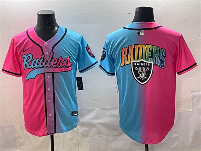 Personalized Men’s Las Vegas Raiders Team Big Logo Pink Blue Limited Stitched Baseball Jersey