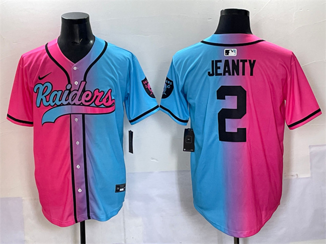Personalized Men’s Las Vegas Raiders #2 Ashton Jeanty Pink Blue Limited Stitched Baseball Jersey