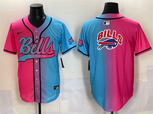 Personalized Men’s Buffalo Bills Team Big Logo Pink Blue Limited Stitched Baseball Jersey