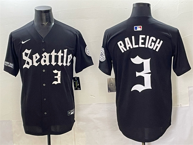 Personalized Men’s Seattle Mariners #3 Cal Raleigh Black ‘Deep Sea Gothic Edition’ Premier Limited Stitched Baseball Jersey