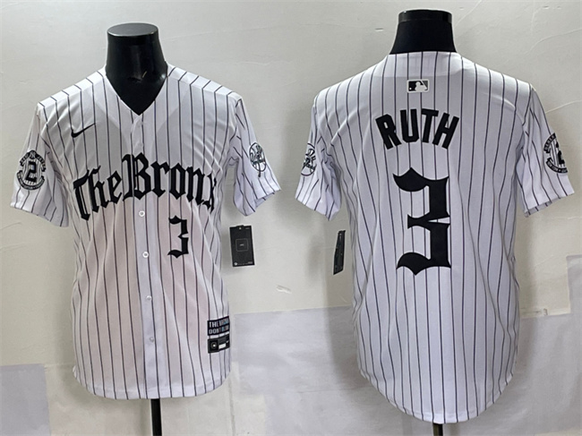 Personalized Men’s New York Yankees #3 Babe Ruth White Pinstripe ‘Gothic Legacy Edition’ Premier Limited Stitched Baseball Jersey