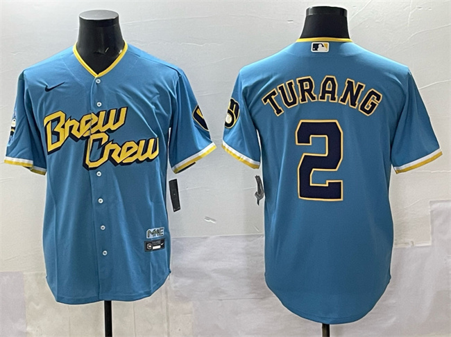 Personalized Men’s Milwaukee Brewers #2 Brice Turang Powder Blue City Connect Cool Base Stitched Jersey