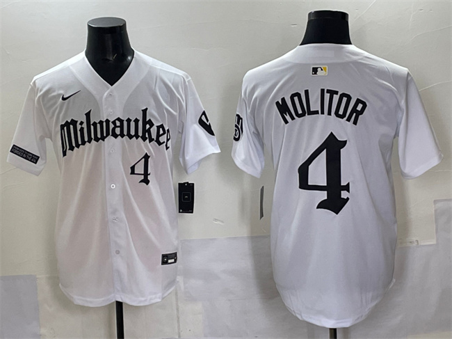 Personalized Men’s Milwaukee Brewers #4 Paul Molitor White ‘Gothic 414 Shadows Edition’ Premier Limited Stitched Jersey