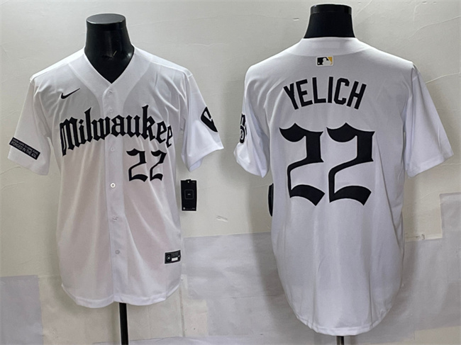 Personalized Men’s Milwaukee Brewers #22 Christian Yelich White ‘Gothic 414 Shadows Edition’ Premier Limited Stitched Jersey